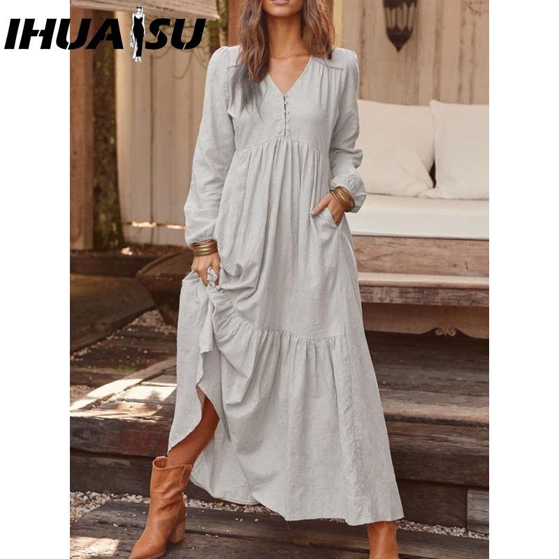 IHUASU Women's Cotton Maxi Dress Long Sleeve Ruffle Pocket