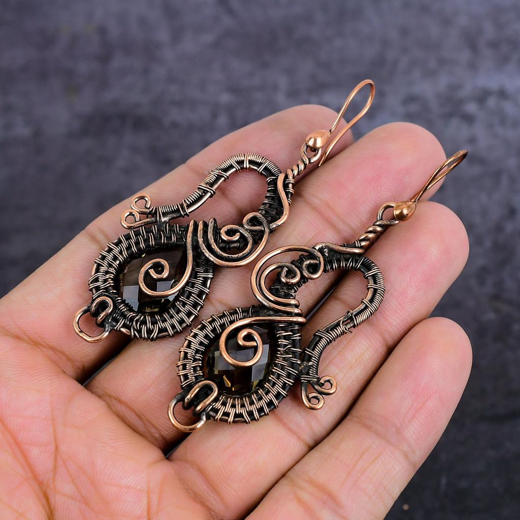 Серьги-обертки из натурального дымчатого топаза с медной проволокой 2,96 дюйма p4e44