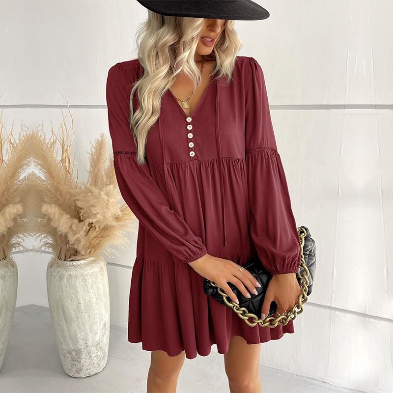 Women's Long Sleeved Autumn Solid Color Patchwork Dress