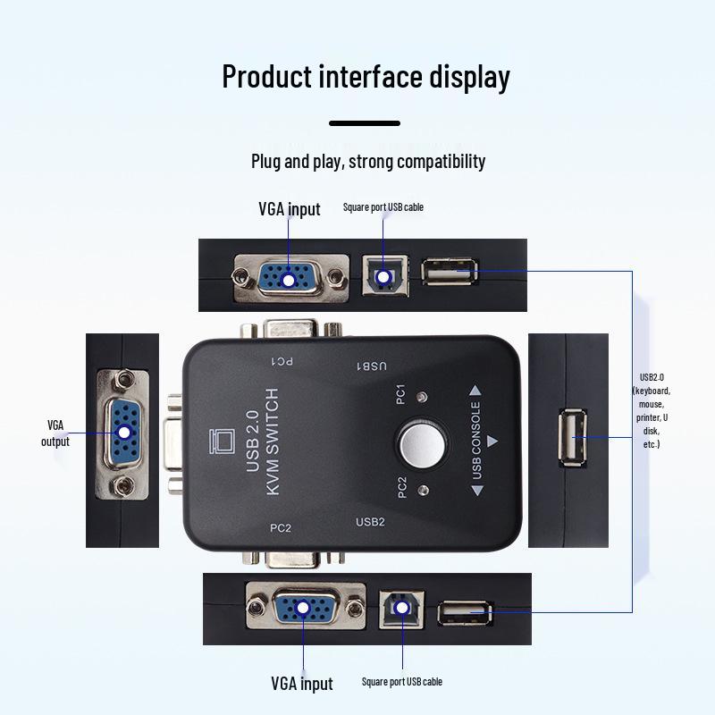 2-Port USB VGA KVM Switch: 2-In 1-Out Multi-Port Switcher for Computers