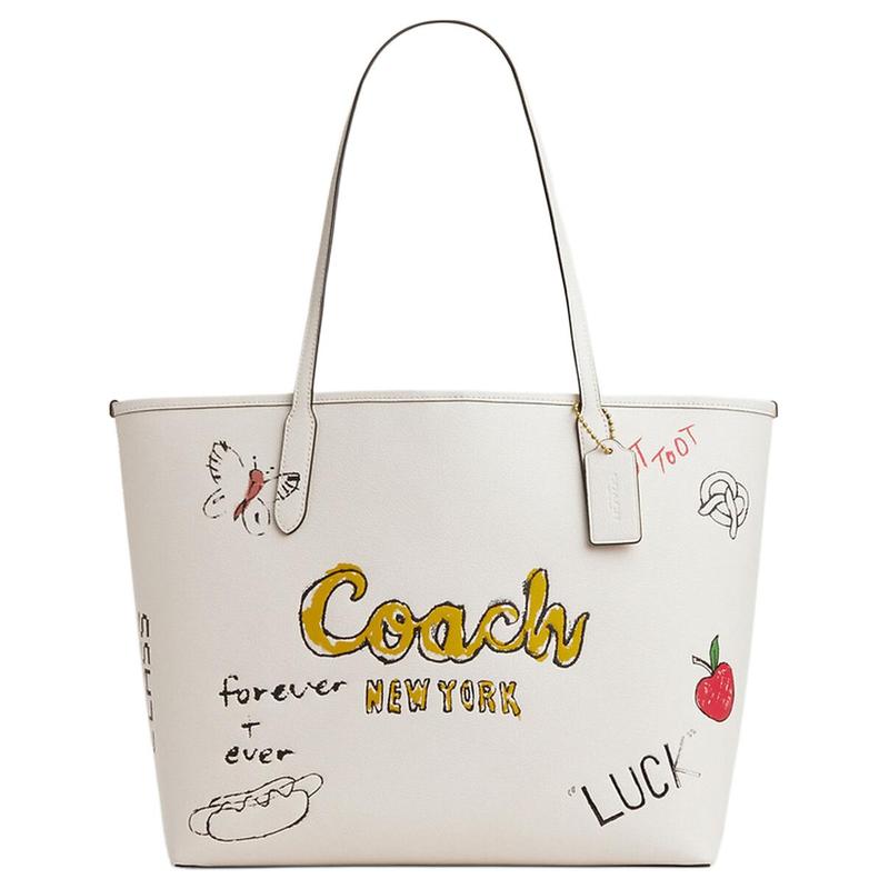 Coach Город 33 Напечатанный эскиз Логотип бренда Сумка-тоут из коровьей кожи Сумка для покупок Сумка через плечо Большая женская Меловой белый