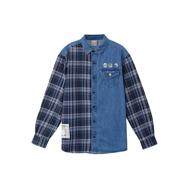 Li-Ning Рубашка в стиле пэчворк из денима свободного покроя, рубашки унисекс, синяя ASHR087-1