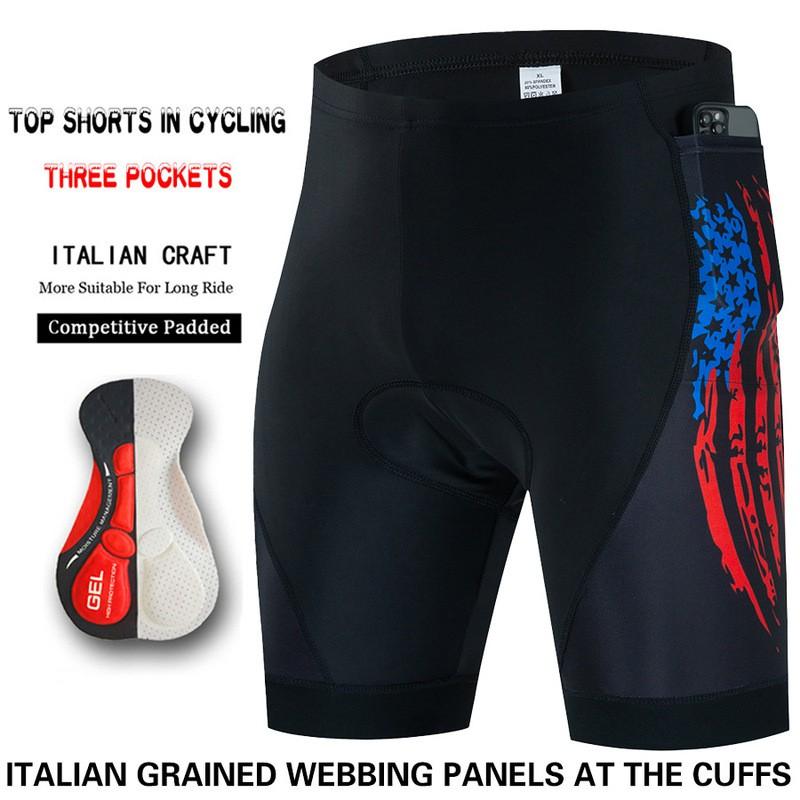 Mens Cycling Shorts With 3 Pockets High Elasticity Compression Fit USA Flag Design Bike Riding Pants