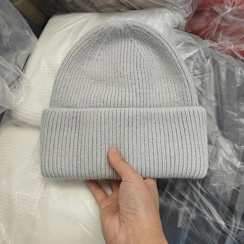 White rabbit fur knitted thickened ear protector wool hat for women's autumn and winter big head circumference loose and small face, warm bag head col