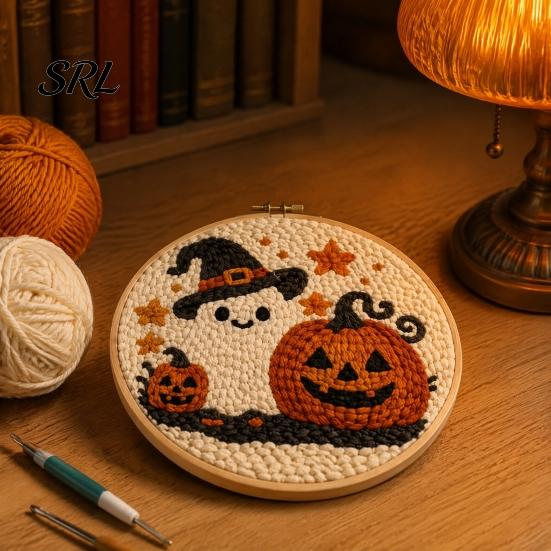 Relaxing Handiwork for Fall Nights Halloween Punch Needle Kit, Pumpkin Ghost Craft Kit with Beginner Friendly Embroidery Hoop, Easy Art Project