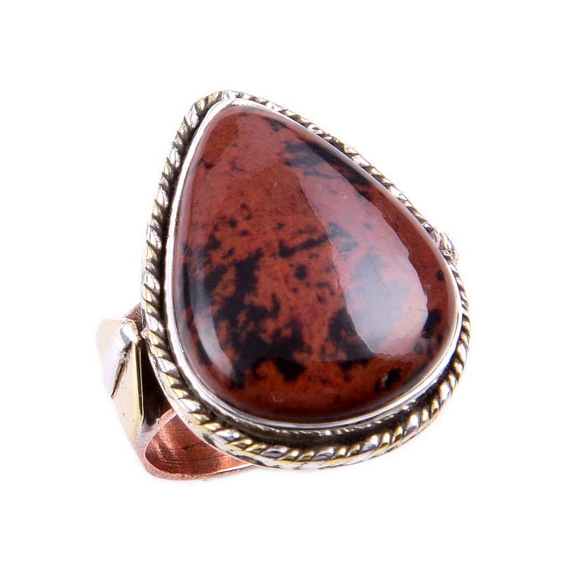 Натуральный Махагоновый Обсидиан Драгоценный Камень 925 Стерлинговое Серебро Двухцветное Кольцо Р.5.5US R1D56