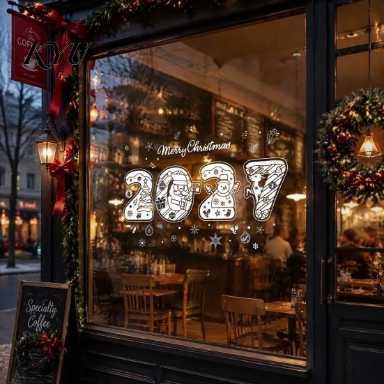 New Year 2027 Party Decor 4PCS Christmas Static Window Clings, Nordic Snow Town Holiday Home Accents Snowflake Stickers, Reusable Glass Decals