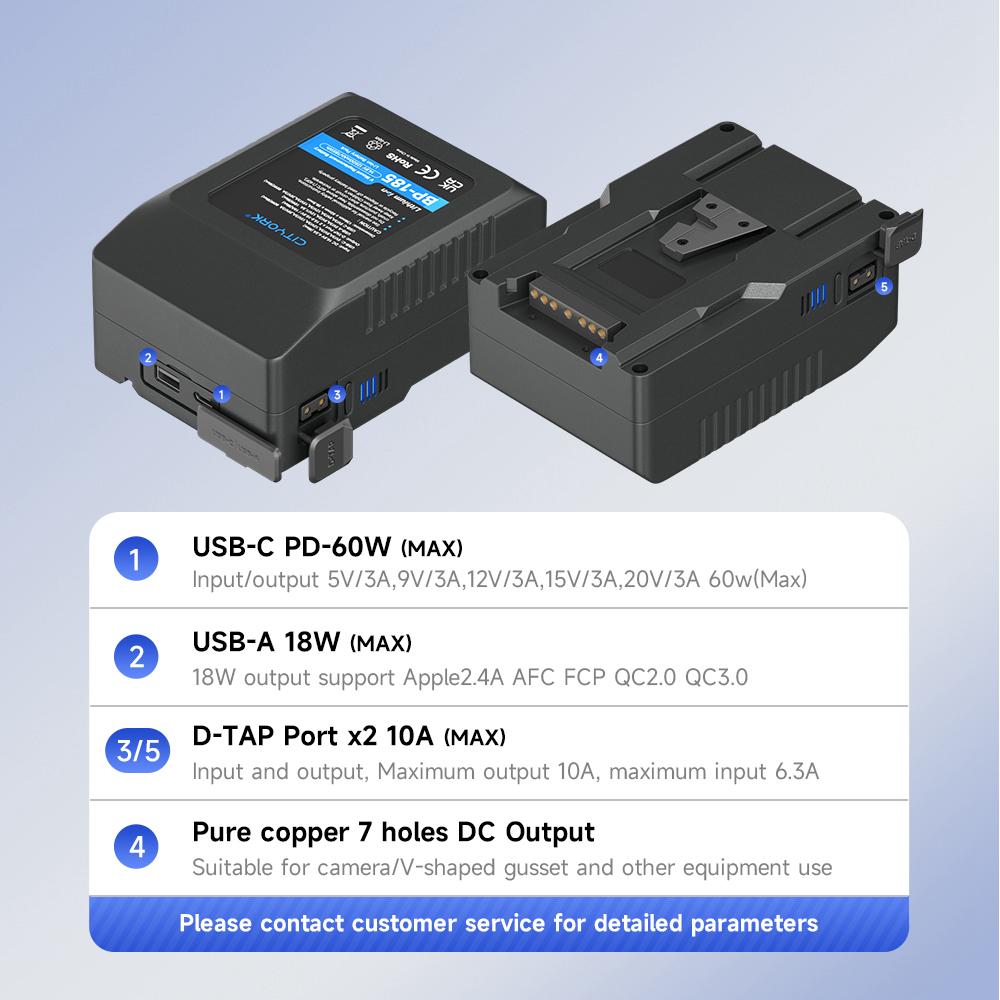 Аккумулятор с V-образным креплением BP-185 USB для Sony HDCAM, XDCAM, цифровых кинокамер, светодиодной подсветки, DSLR BMPCC 4K, мониторов и других видеокамер