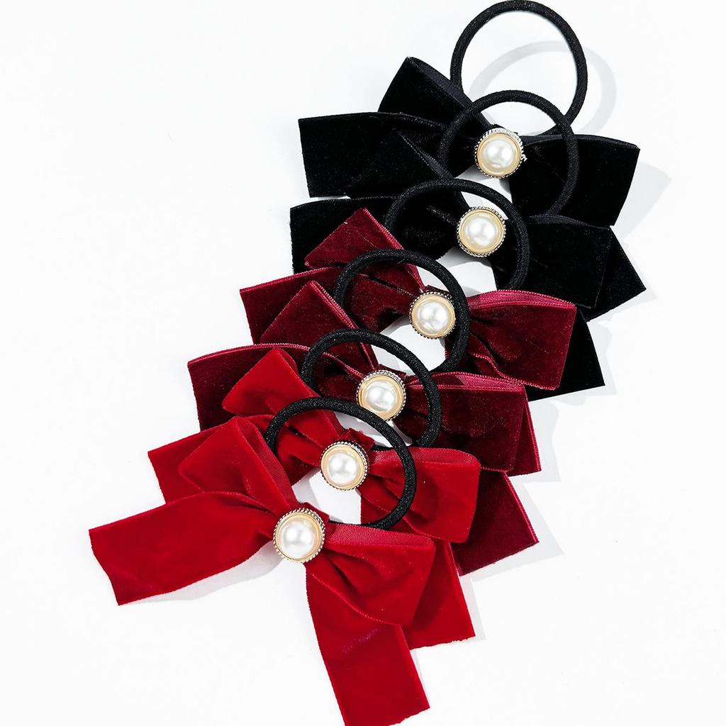 South Korea Pearl Velvet Bow Hair Tie - Sweet Retro Double Ponytail Accessory