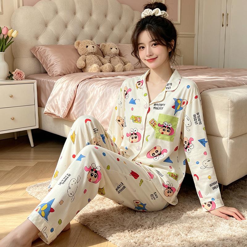 Japanese cartoon cute ins style imitation cotton pajamas women's fashion temperament loungewear long sleeves trousers two-piece set