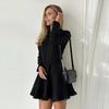 LYRIA Ruffles Stand Collar Dress Women Black Long Sleeve Single Breasted Mini Dresses Ladies New Prom Robes