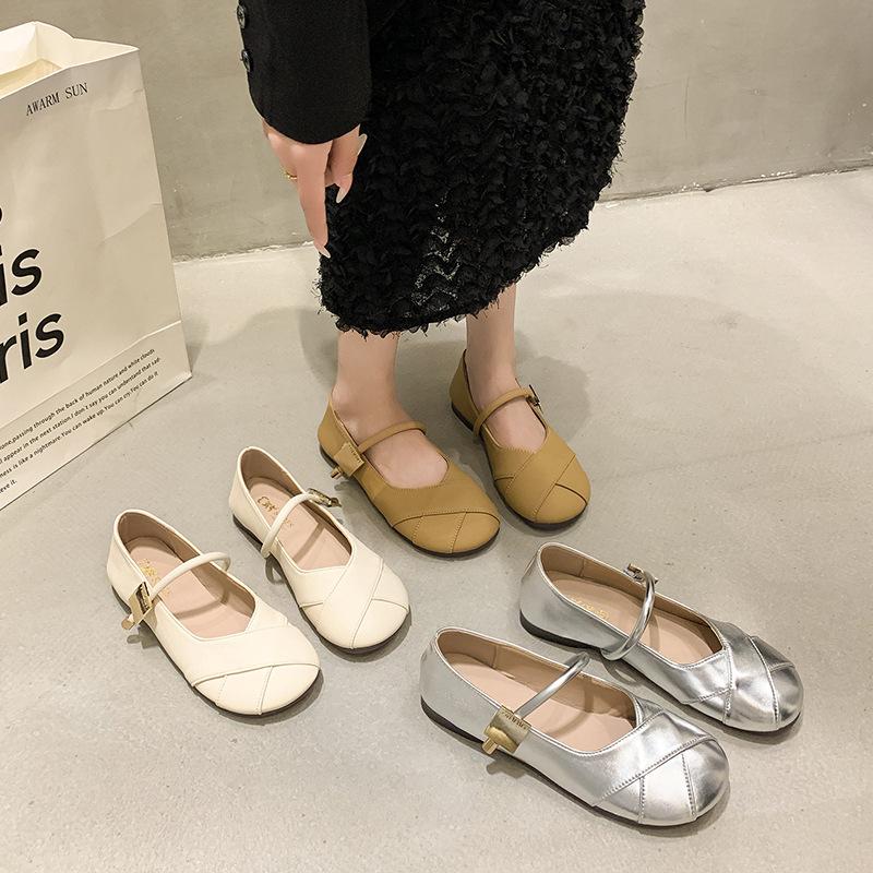 Серебристые туфли из мягкой кожи на плоской подошве, женская одиночная модель, лето 2025, новая универсальная обувь для беременных, одинарные туфли, туфли Мэри Джейн с юбкой
