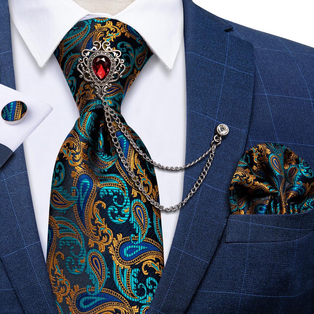 Paisley Tie for Men Necktie Silk Hanky Cufflink Set with Tie Ring Chain Brooch for Wedding Party