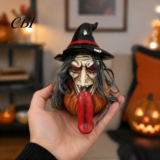 Halloween Party Table Decor Long Tongue Witch Pumpkin Ornament, Spooky Gothic Desktop Resin Tabletop Decorations Figurine, Collectible Decoration for