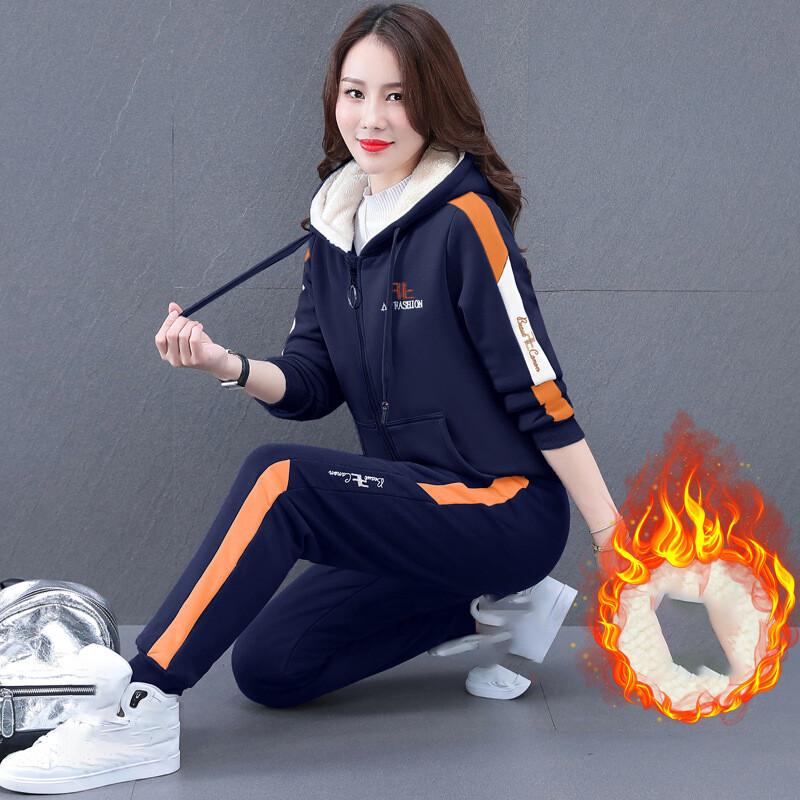 Большой размер, женский осенне-зимний комплект из 2 предметов, спортивный костюм, свободная флисовая куртка на молнии с капюшоном и бархатный спортивный костюм