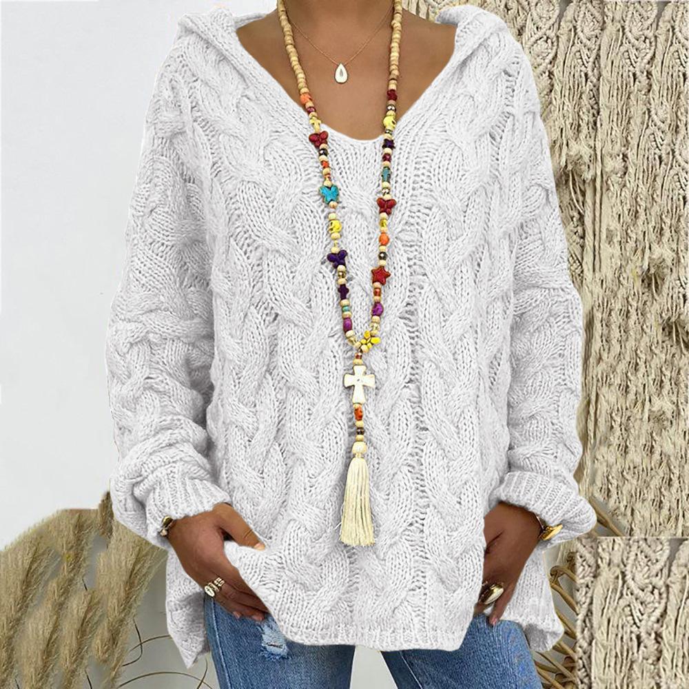 Women's Autumn and Winter Knitted Thickened Twist V-Neck Hooded Loose Sweater