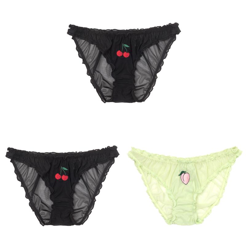 3PCS/Set Women Sexy Lace Lingerie Temptation Low-waist Panties Fruit Ins Embroidery Transparent Briefs Seamless Sweet Underwear