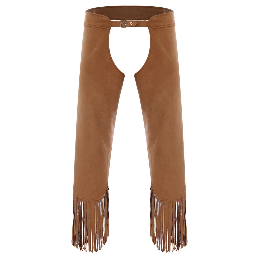 Womens Suede Cowgirl Chaps Fringe Split Open Crotch Adjustable Buckles Pants Vintage Costume
