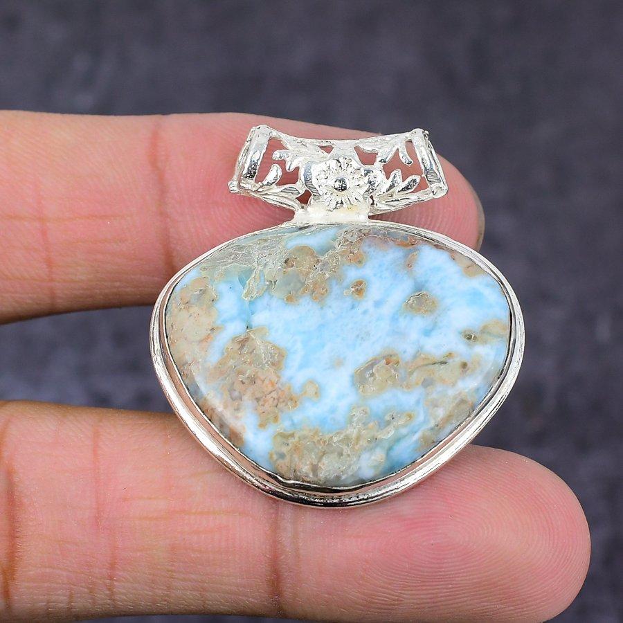 Caribbean Larimar Gemstone Handmade 925 Sterling Silver Gift Pendant 1.50" S9M56