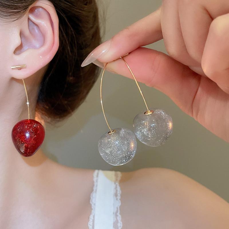 Cute Red Transparent Acrylic Resin Cherry Long Dangle Earrings For Women Gift