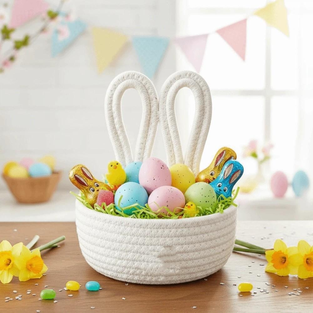 Cartoon Rabbit Storage Basket Hand woven Large Capacity Easter Bunny Basket Cotton Rope Decorative Easter Gift Basket