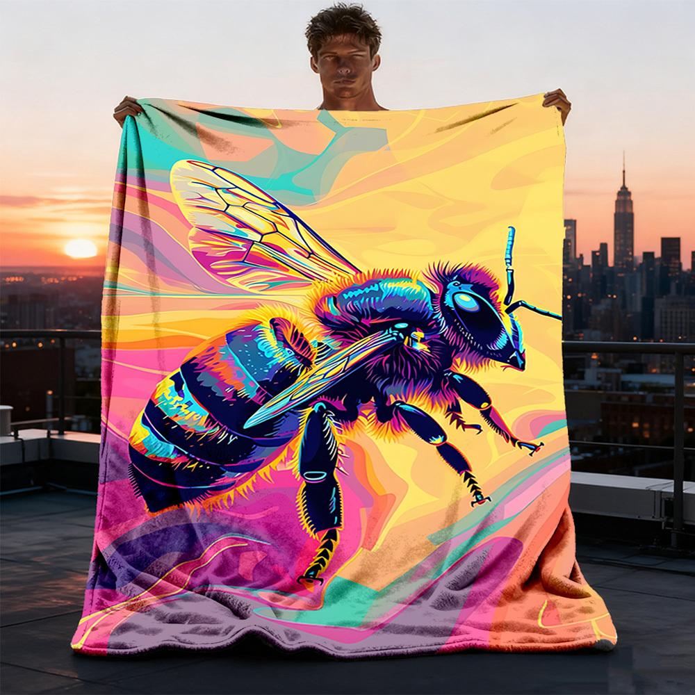 1pc Bee Art Print Throw Blanket Polyester Fiber, Lightweight Flannel, Soft & Warm, All Season Use for Outdoor, Camping Digital Print