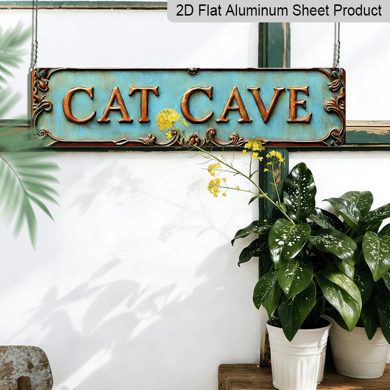 2D Flat, Decorative Signs & Plaques, 1pc Vintage "Cat Cave" Metal Sign - 4.0X16.0 Inch Aluminum Wall Decoration with Ornate Border, Perfect for Home