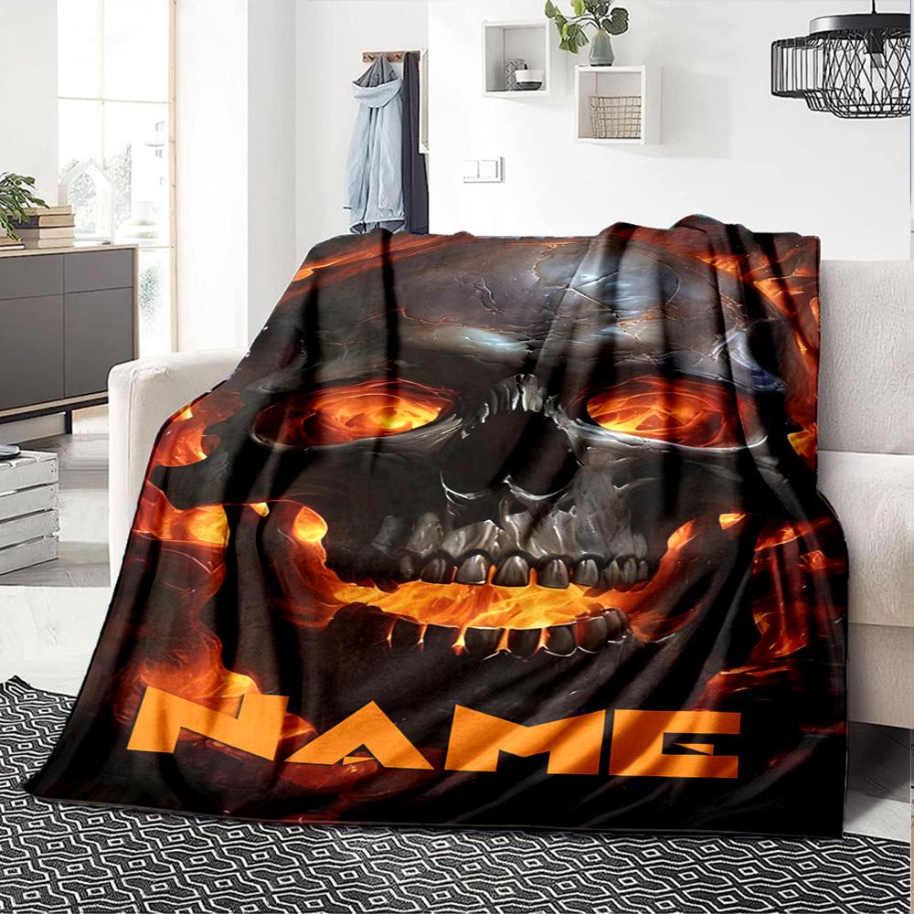 Fiery Skull Flames Throw Personalized Blanket Personalized Name Warmthful Decor For Sofa Couch Office Bed Picnics Four Seasons Multipurpose Digital