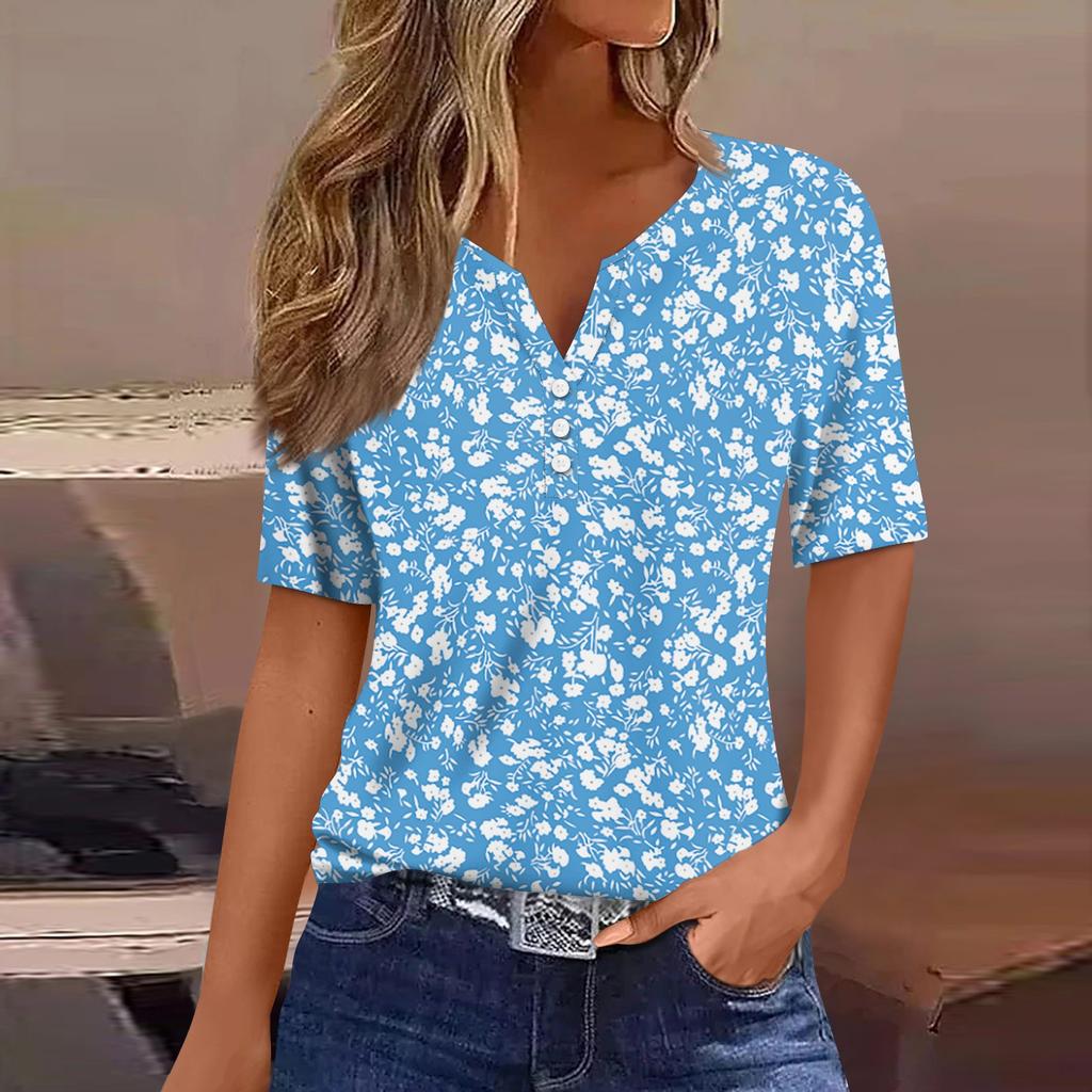 Women's T Shirt Tee Print Button Short Sleeve Daily Weekend Fashion Basic V- Neck Regular Top