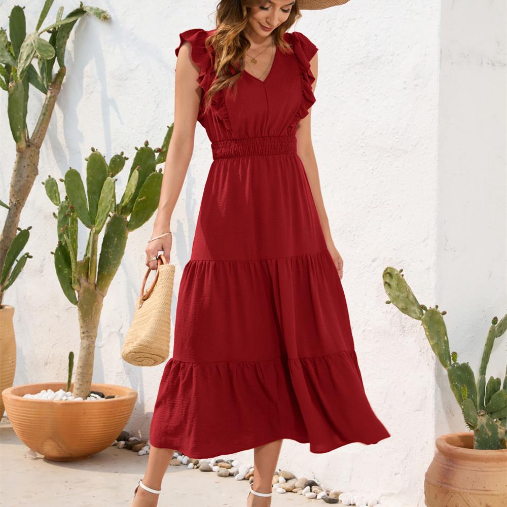 GMXIA New V-Neck High Waist Cake Dress Long Dress Casual Vacation Travel Dress
