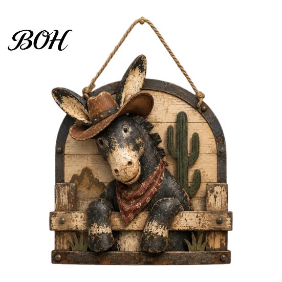 Retro Donkey Pattern Wall Hanging Western Cowboy Wooden Sign, Rustic Farmhouse Decor with Art for Living Room Rope, Country Style Animal Pendant