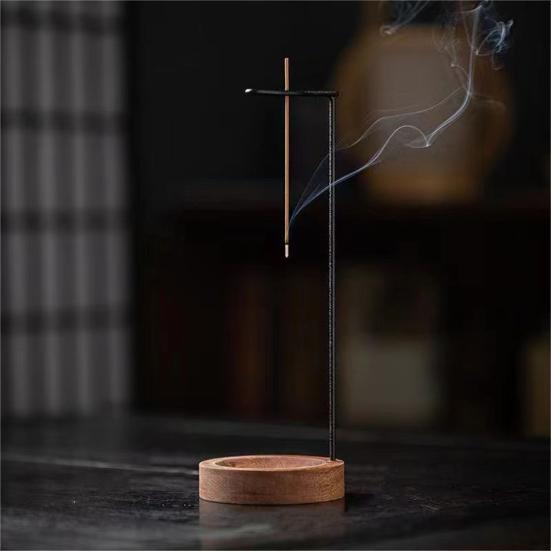 Upside Down Incense Burner Metal Frame Incense Stick Holder with Wooden Base Round Incense Tray for Home Decor Yoga Meditation