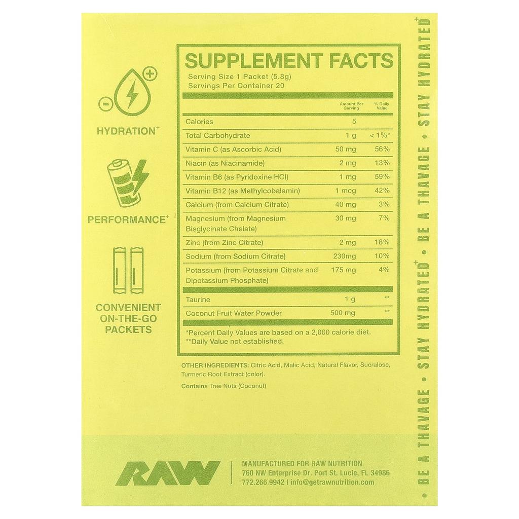Raw Nutrition Hips, Hydration, Electrolyte Formula, Lemon Lime, 20 Packets, 5.8g (0.2oz) Each