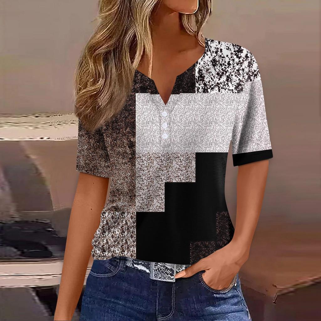 Жен. Футболка Футболка С принтом Пуговицы С короткими рукавами Повседневные Выходные Мода Классический V-образный вырез Обычный Верх