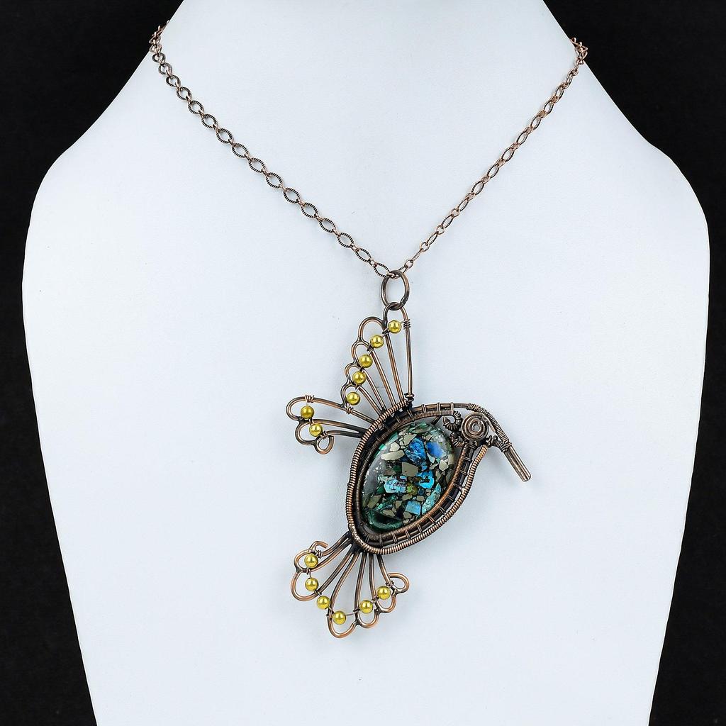 Подвеска из медного лазурита и малахита, подвеска из медной проволоки, ювелирные изделия из натурального драгоценного камня, подвеска в виде птицы ручной работы, подарок для нее, ювелирные изделия из медной проволоки