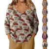 Women's Fashion Casual Long Sleeve Christmas Hat Print V-Neck Top