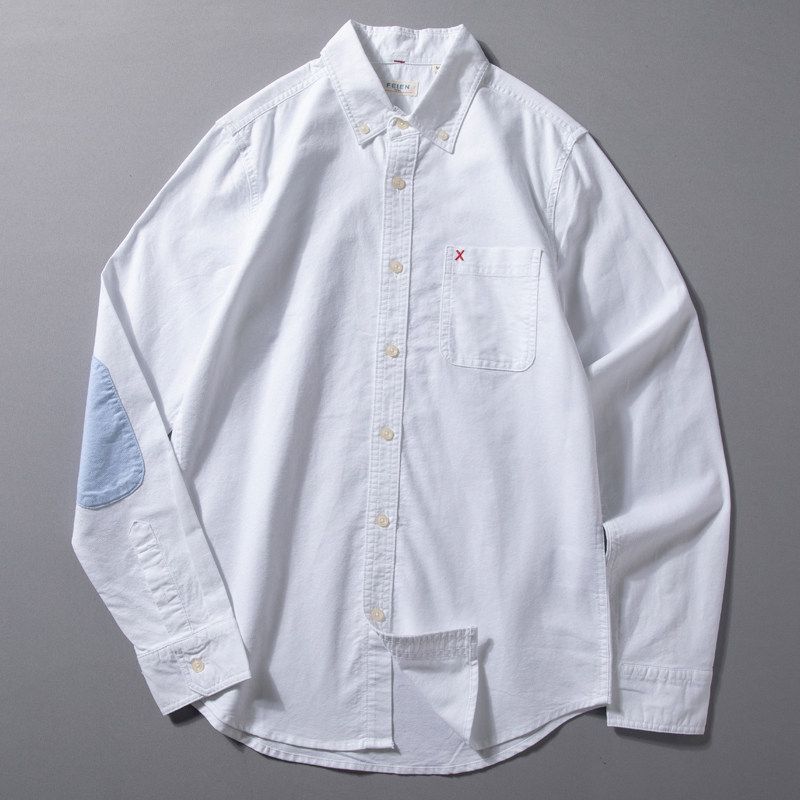 Long-Sleeved Shirt for Men, New Spring and Autumn Pure Cotton Oxford Fabric Top with Elbow Patches, Men's Slim Fit Casual Versatile Shirt