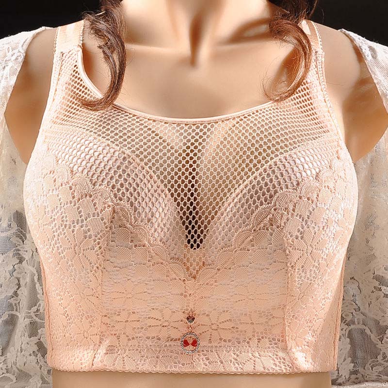 C-E Large Size Breast Thin No Steel Ring Without Sponge Gathered A Pair of Milk Underwear Women's Breathable Anti -light Full Cup Lace Lace Decoration