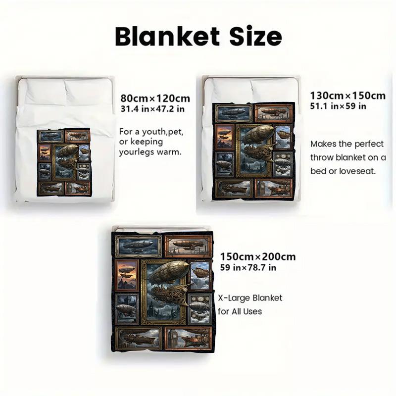 Steampunk Airship Gallery 2D Flat Pattern Flannel Blanket, High quality All Seasons, Home Decor, Warmth and Comfort, Perfect for Christmas Gifts.