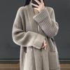 Осень Зима Женский Кардиган Свитер Лацкан Открытая Вязка Свободный Толстый Теплый Мягкий Эластичный Длинный Рукав Средней Длины Пальто Куртка Большой Размер Карманы