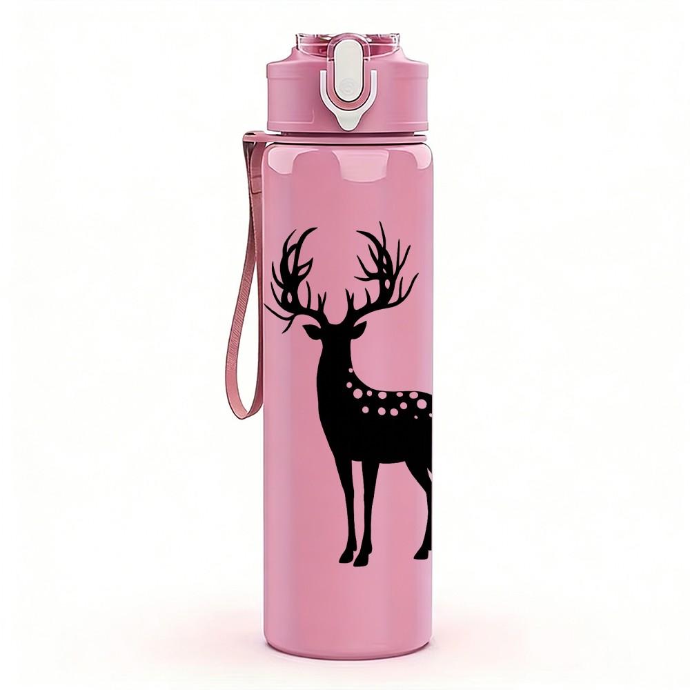 1PC Stag Deer Minimal Black Silhouette Print 750ml Color Plastic Sports Water Bottle Leakproof Flip Straw Lid Suitable for Sports Office Home Use
