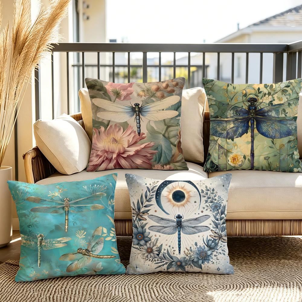 Dragonfly Lotus Cushion Cover Summer Linen Pillow Case Organic Fabric Cushion Cover DoubleSided Print Sofa Home Decor