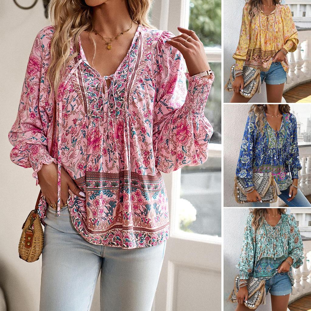 Bohemian Rayon Print Lace-up Long Sleeve Top for Women - 2025 Spring/Summer Collection