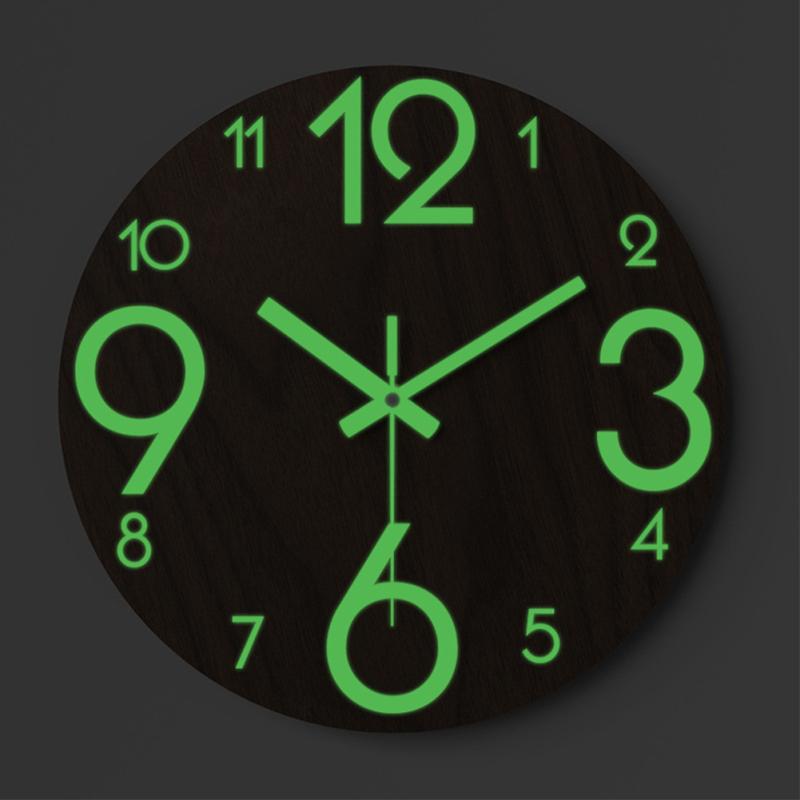 12 Inch Round Wooden Luminous Wall Clock Silent Non Ticking Clock Light In Dark Night For Home Bedroom Living Room Decoration