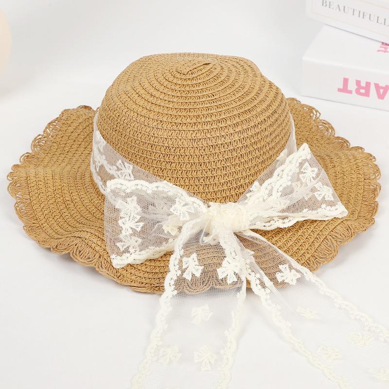 Сладкая соломенная шляпа с кружевным бантом, уличная шляпа от солнца с большими полями, модная соломенная шляпа с кружевной лентой и защитой от УФ-лучей