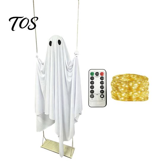Outdoor Spooky Party Decor Halloween Hanging Ghost Swing with String Lights, Glowing Floating Cute Props for Holiday Ornament Yard Tree, Tree