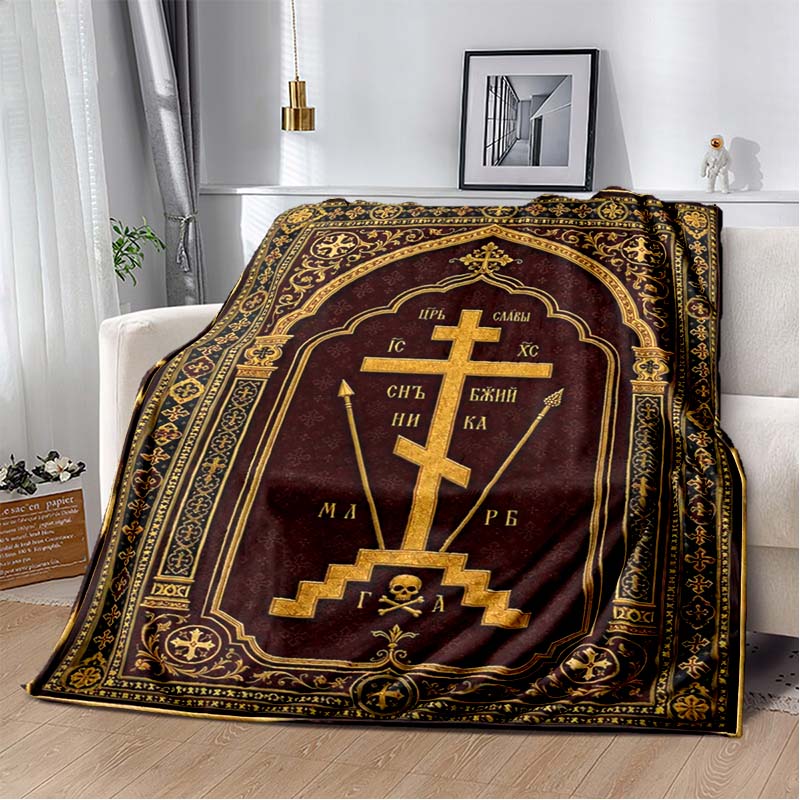 Mosque Crescent Moon Vintage Golden Floral Arch Black Print Soft Flannel Throw Blanket Sofa Bed Islamic Religious Warm Decor Cover
