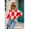 Womens Crew Neck Knit Sweater With Plaid Slim Fit Long Sleeve Pullover Office College Style