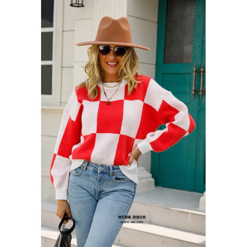 Womens Crew Neck Knit Sweater With Plaid Slim Fit Long Sleeve Pullover Office College Style