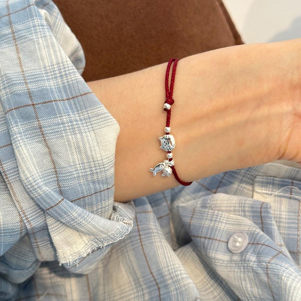 Набор из 2 парных браслетов на красном и черном шнурке с дизайном кошки и рыбы, ручная работа, цепочка на запястье для пар, друзей